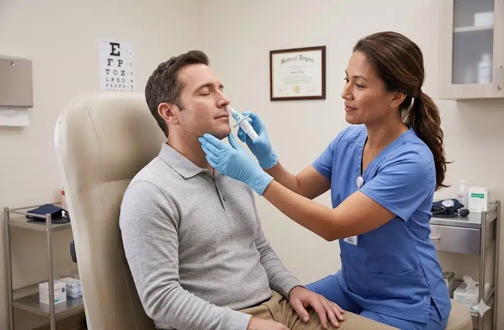 a healthcare professional in blue scrubs is administering a nasal spray to a patient in a medical office