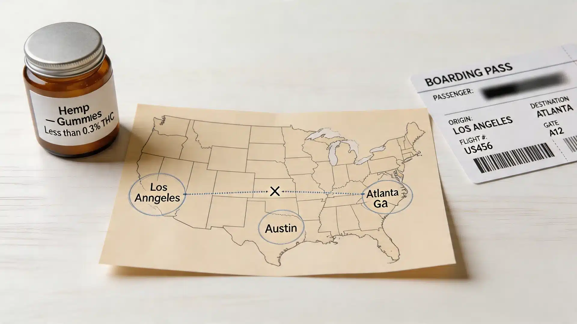 a hemp gummies jar beside a us map showing a los angeles to atlanta flight route and a boarding pass