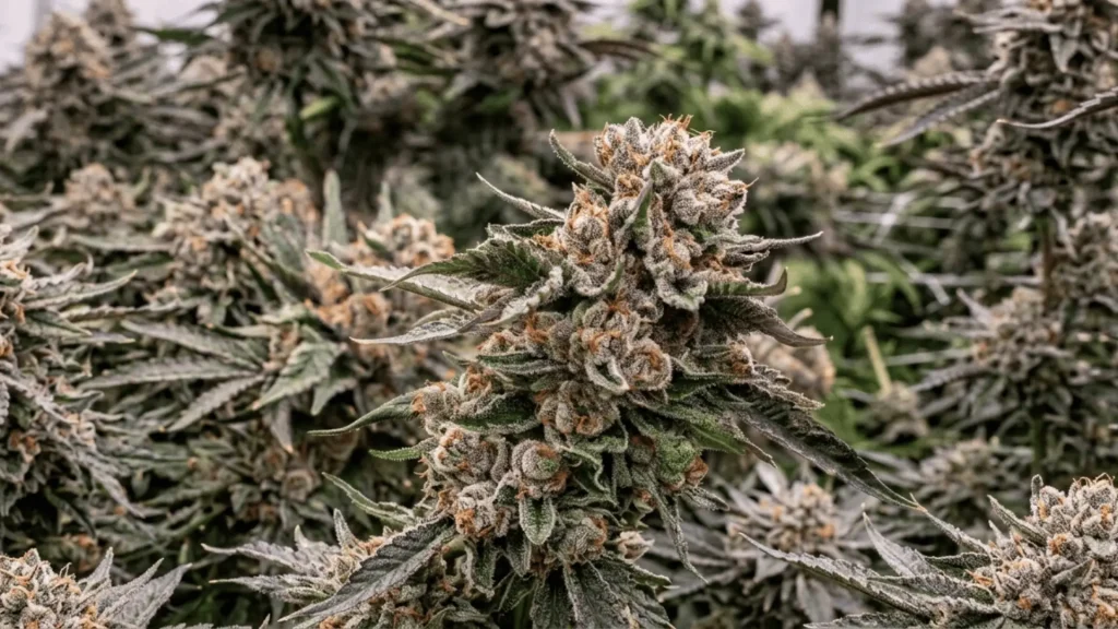 a high quality picture of best indica-dominant strains for stress & pain relief in a bright sunny day