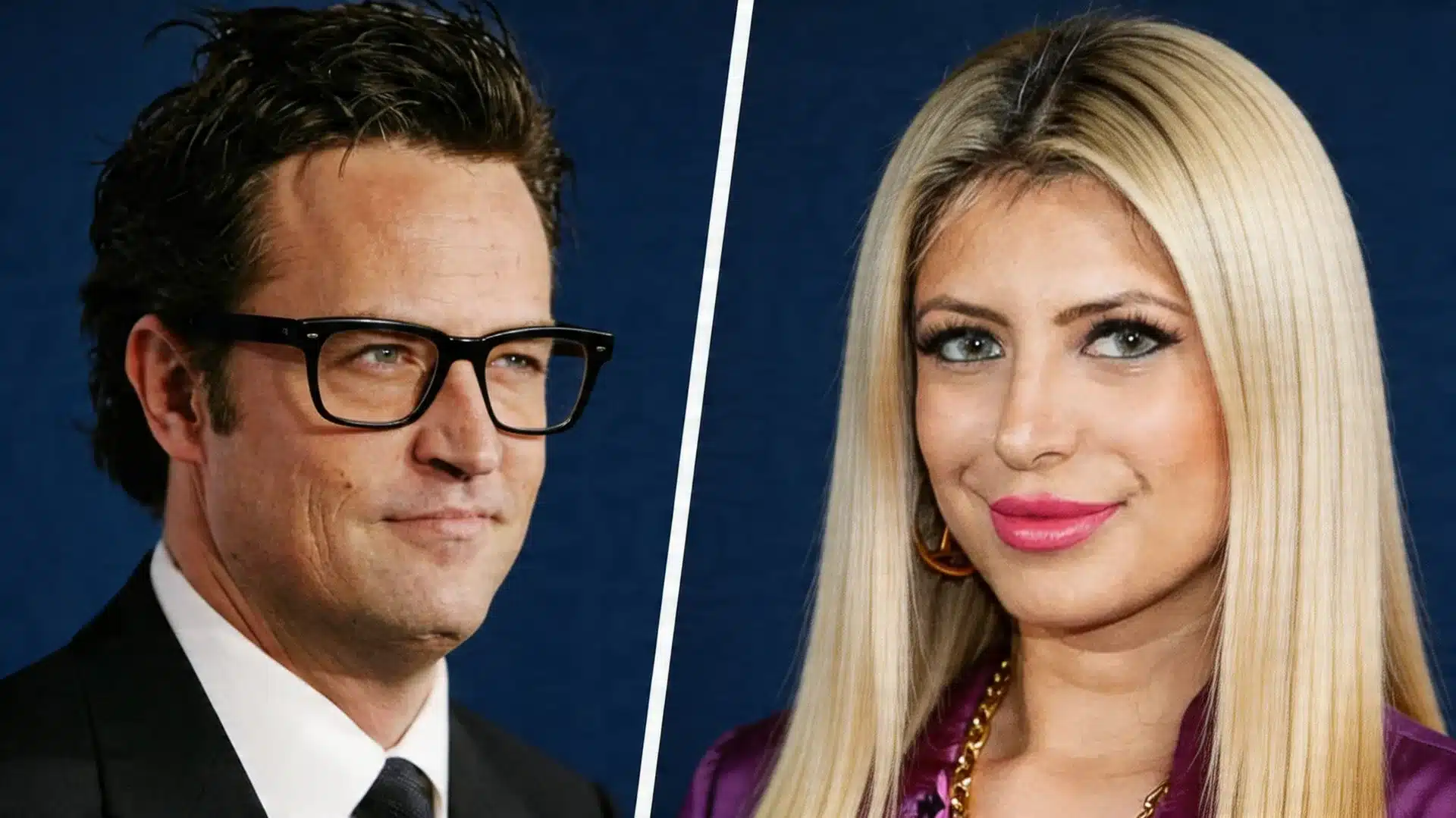 a image showing a man in glasses and a suit on the left, and a blonde woman in a purple outfit with jewelry on the right