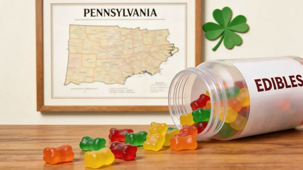a jar labeled "edibles" tipped over with colorful gummy bears spilling out, beside a pennsylvania state map on the wall