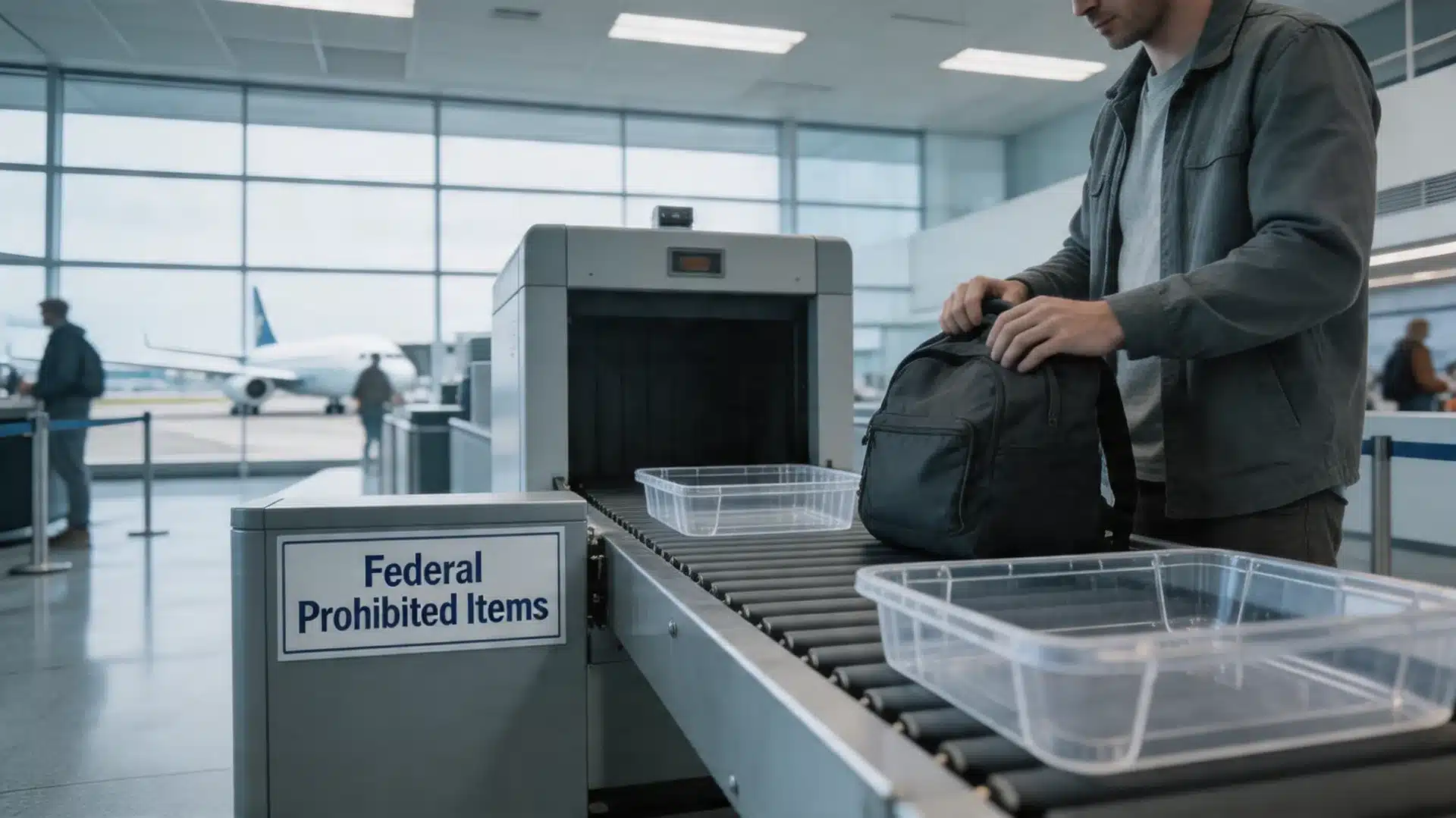 a man placing a bag on an airport security conveyor belt beside a federal prohibited items sign with an x-ray scanner