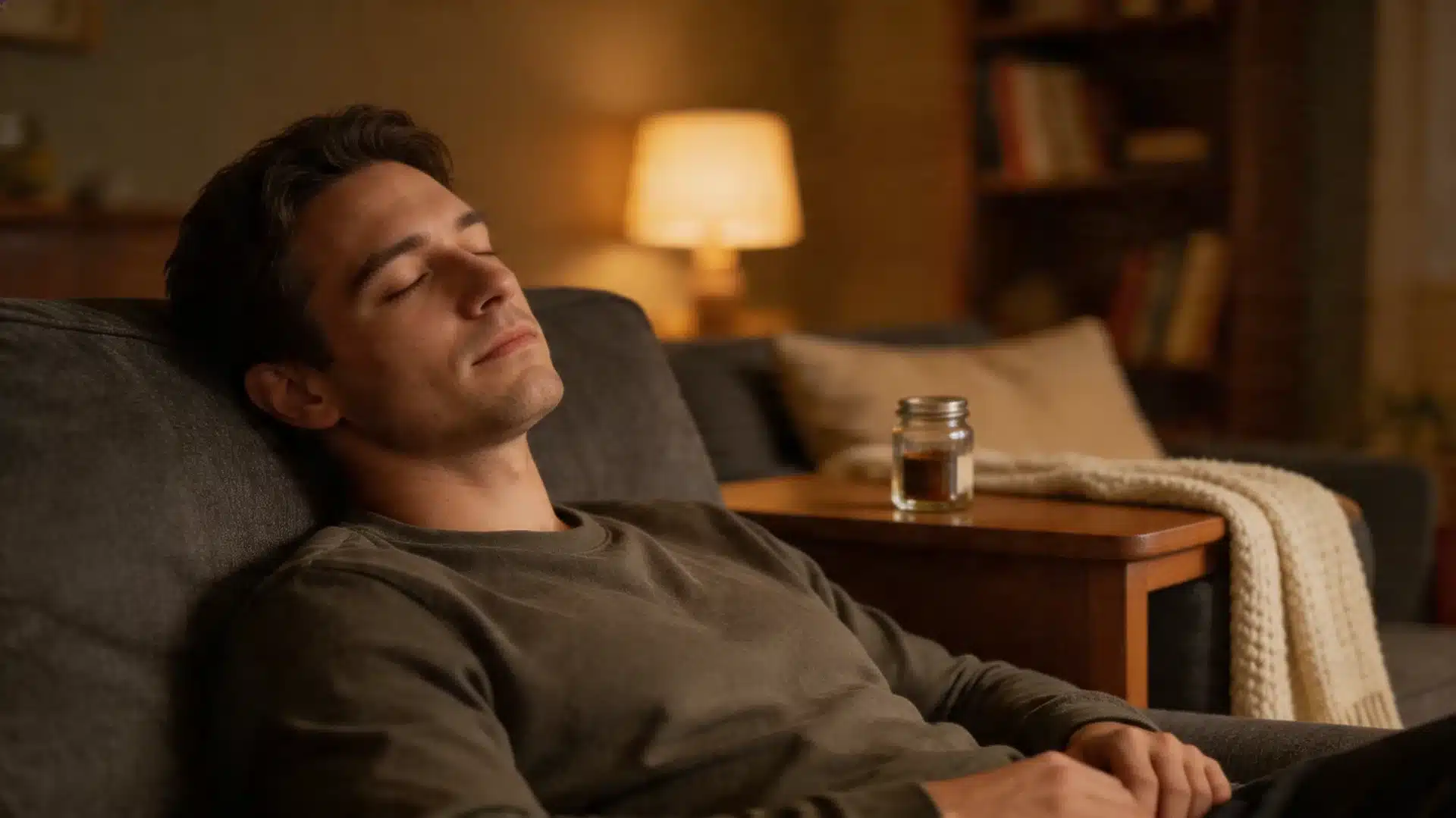 a man resting comfortably on a sofa with eyes closed in a living room with a small concentrate jar on the side table