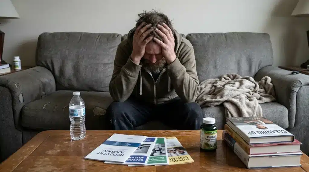a person sitting on a couch with their head in their hands, surrounded by self-help books, water, and recovery pamphlets