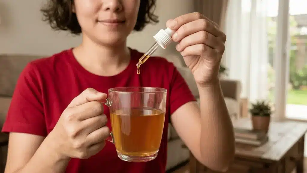 a picture of women in red tshirt with short hairs mixing oil in water in a glass mug