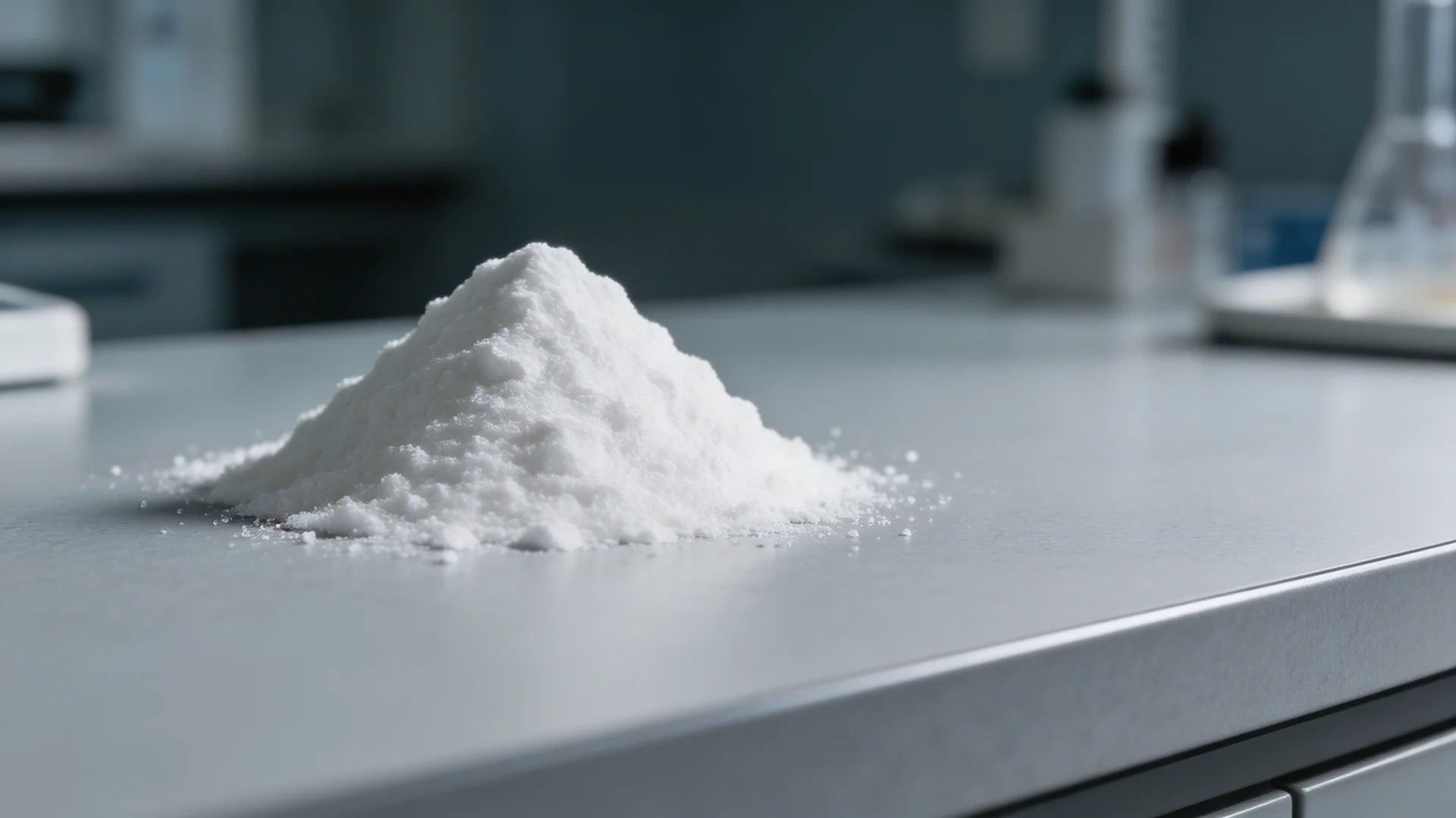 a pile of white powder on a laboratory countertop, with blurred background equipment visible in the distance