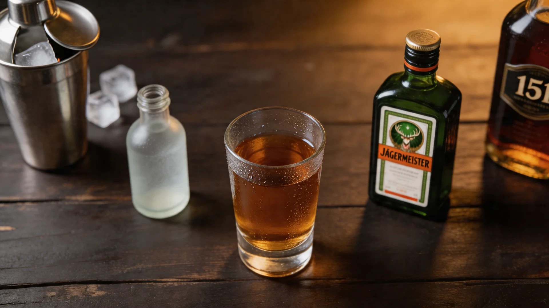 a shot glass filled with amber liquid on wooden surface alongside a Jägermeister bottle, cocktail shaker, and ice cubes