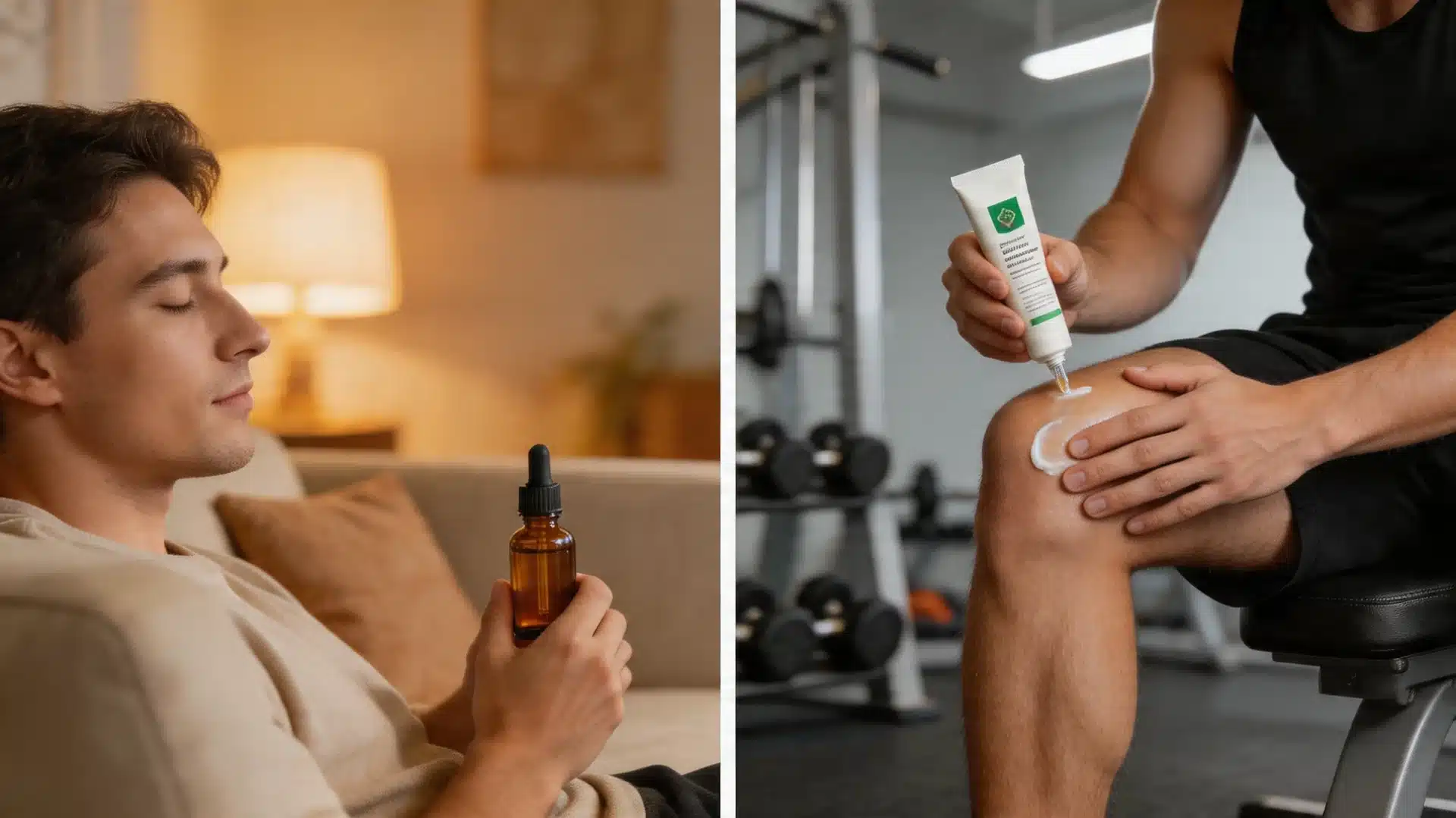 a split image showing a relaxed man holding a cbd oil dropper and an athlete applying topical cream on his knee
