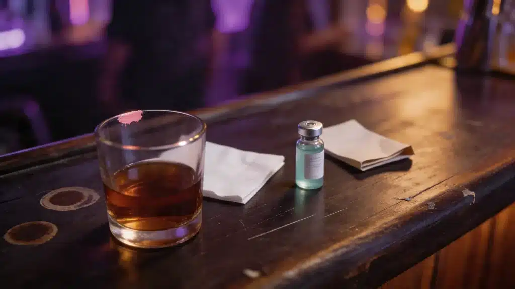 a whiskey glass, a small unlabeled vial, and napkins on a dark bar counter under dim purple nightclub lighting