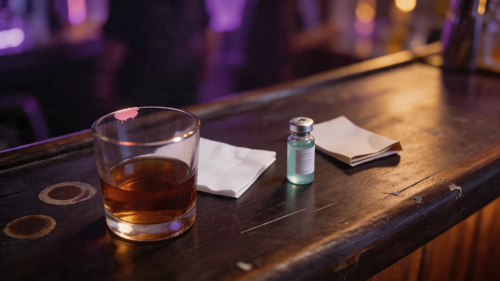 a whiskey glass, a small unlabeled vial, and napkins on a dark bar counter under dim purple nightclub lighting