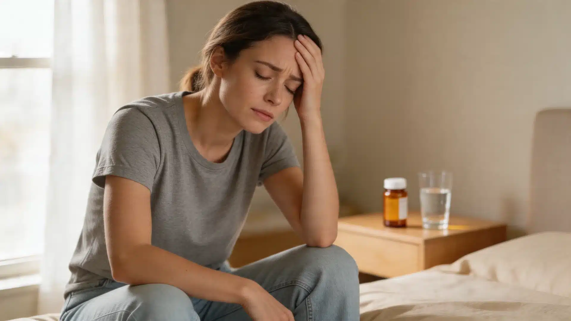 a woman sitting on a bed holding her head in discomfort with a prescription bottle and glass of water on the nightstand