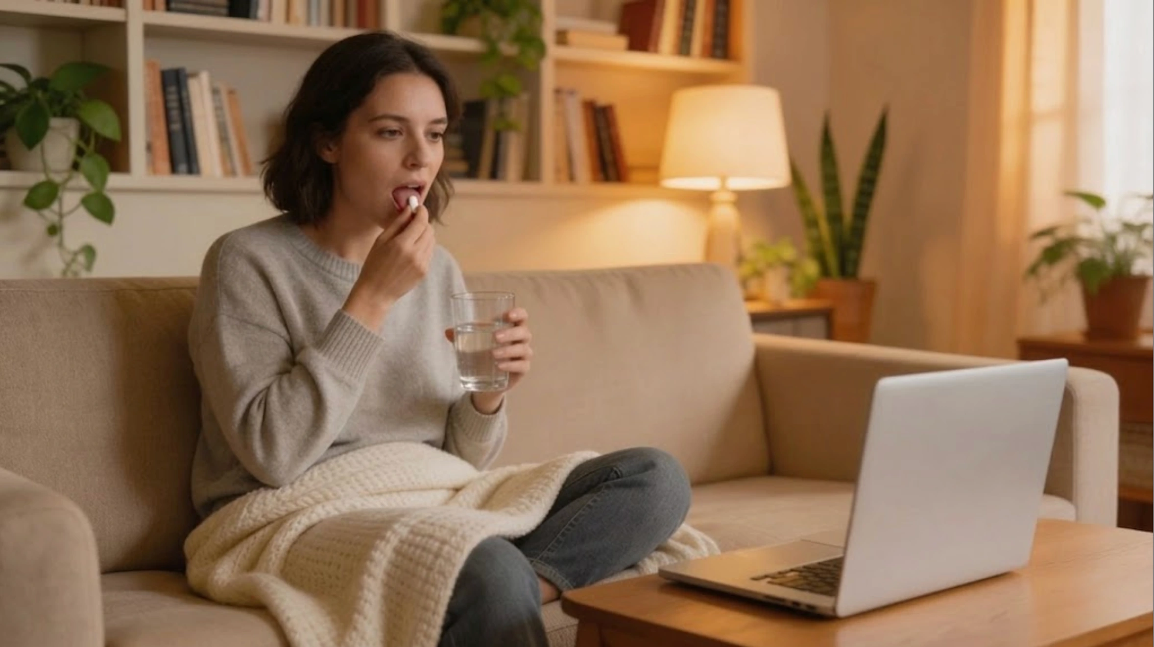 a woman sitting on a sofa, taking a pill with a glass of water while using a laptop in a cozy living room