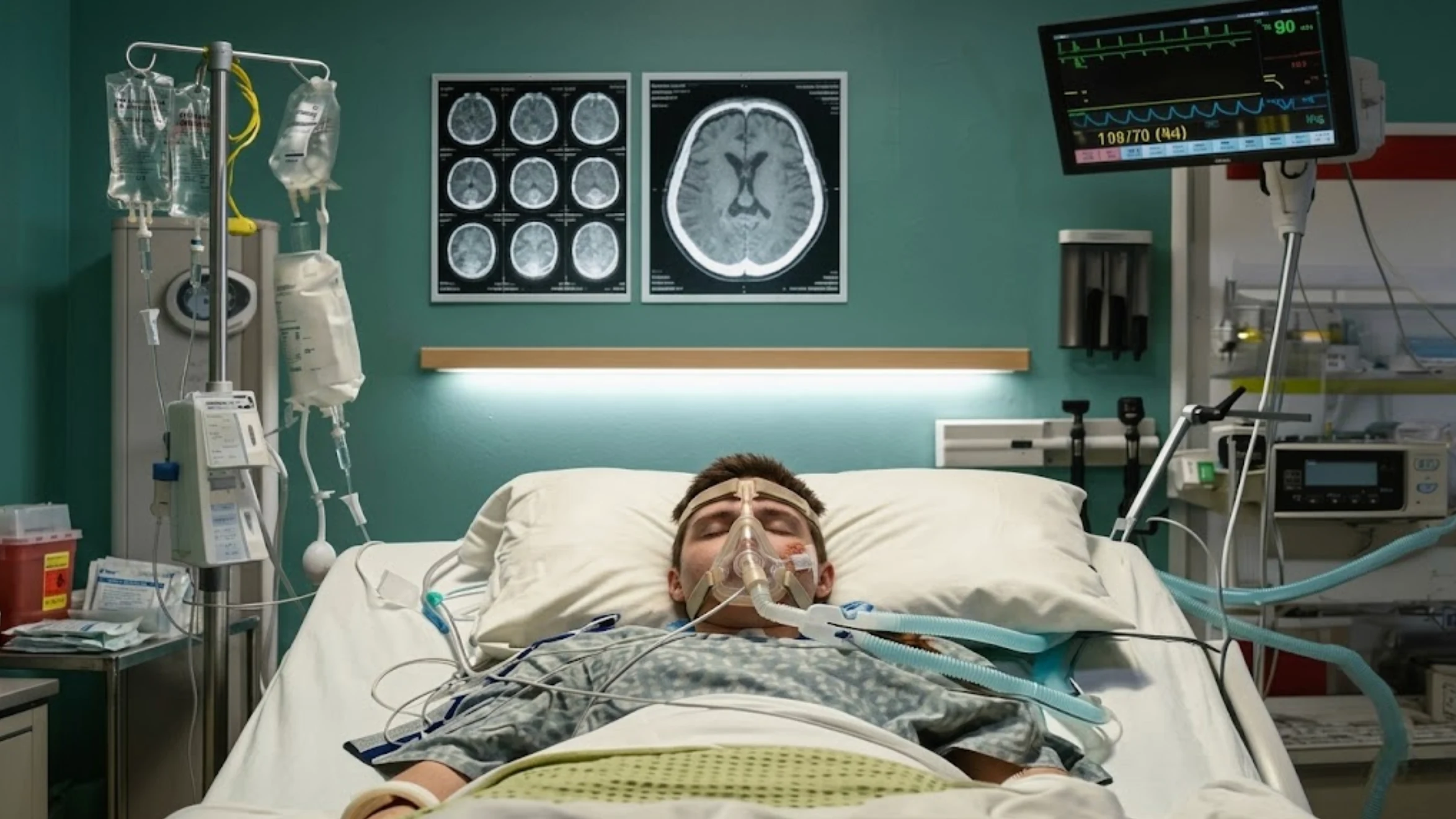 a young male patient unconscious in a hospital bed on a breathing mask, with brain MRI scans and a vital signs monitor