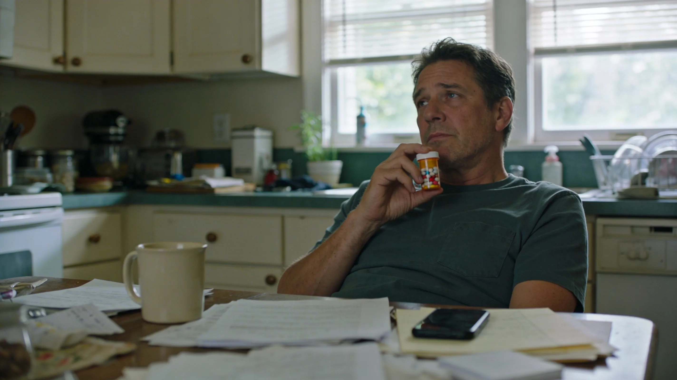 adult sitting at a table holding a pill bottle and looking tired, with natural daylight and everyday items around.