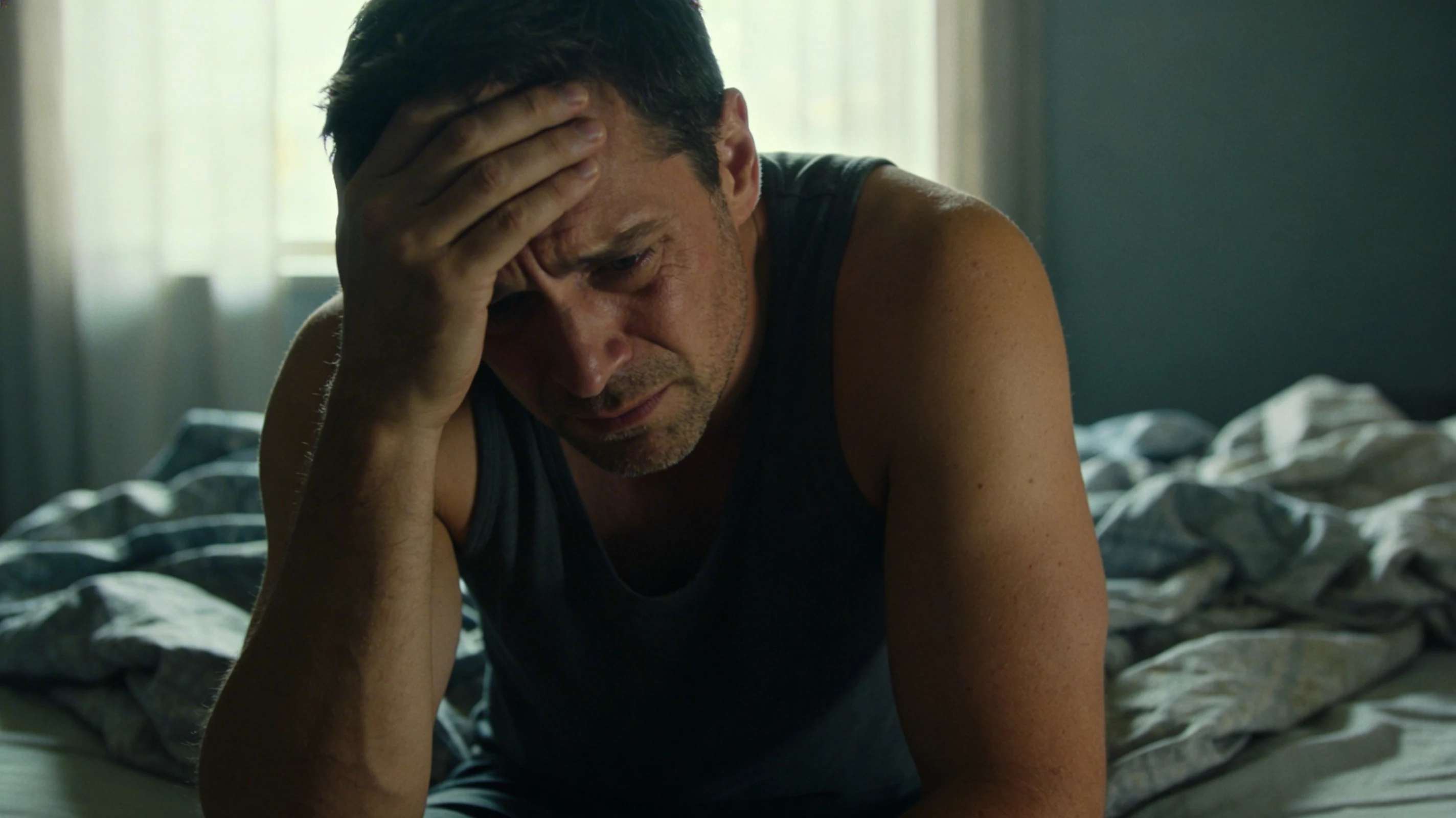 adult sitting on the edge of a bed with a tense face and tired eyes in a softly lit bedroom at sunrise.