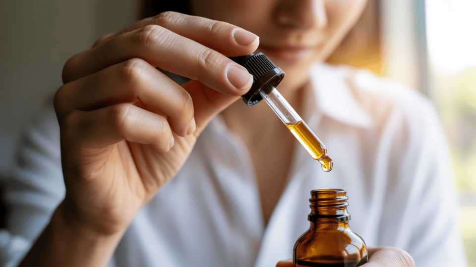 an amber glass dropper bottle with a pipette containing cbd oil on a wooden table