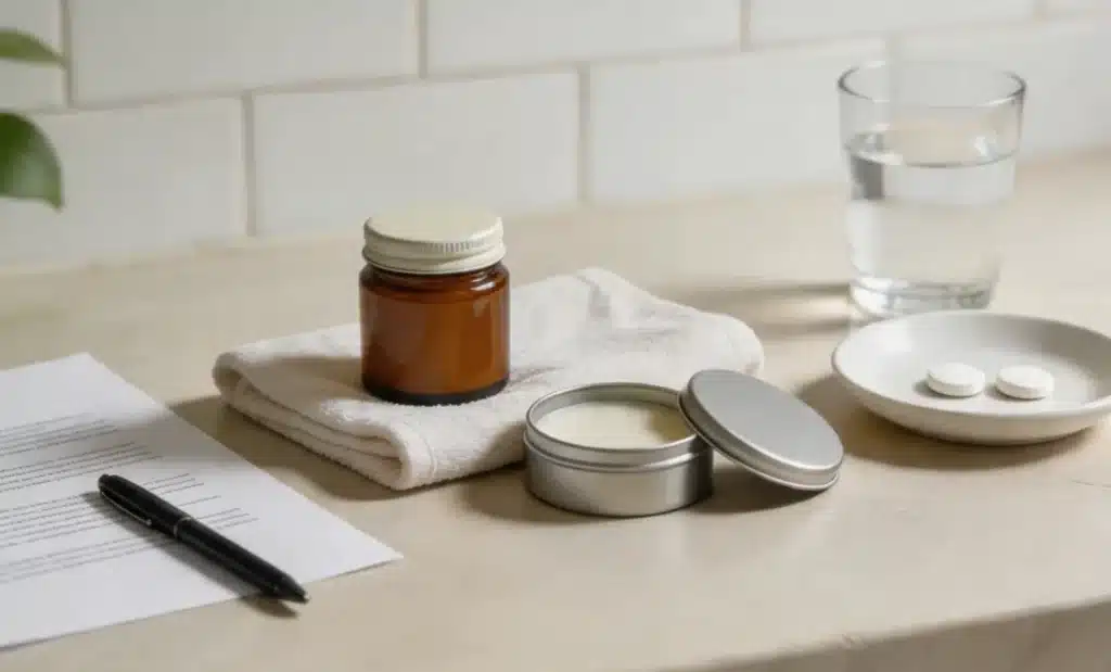 an amber jar, open tin of balm, two white tablets on a dish, glass of water, folded cloth, and a document with pen