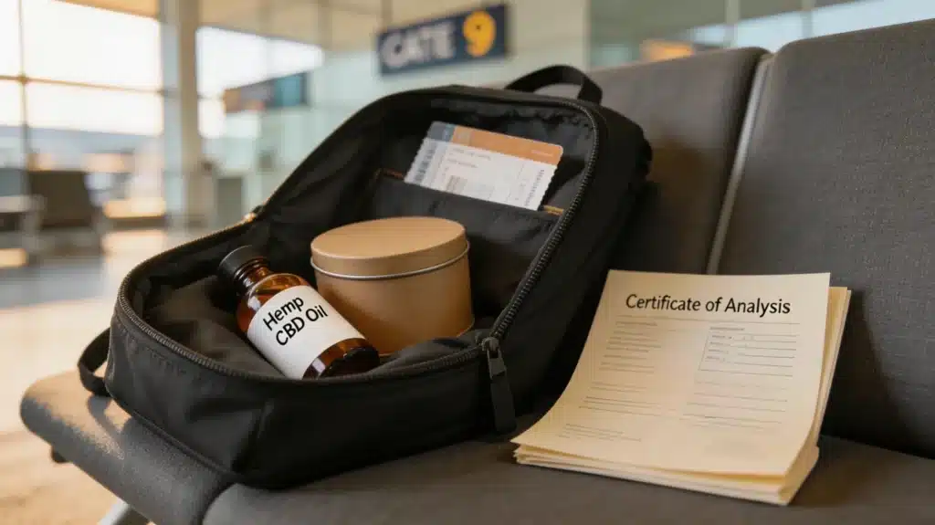 an open travel bag at an airport gate containing hemp cbd oil and a certificate of analysis alongside a boarding pass