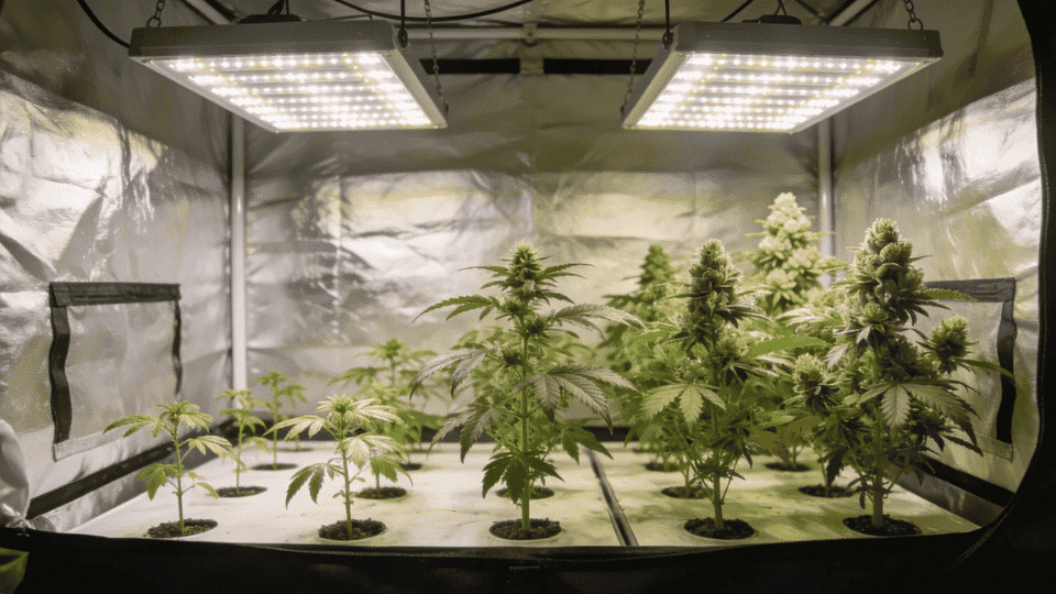 autoflower cannabis plants at different stages growing together in one tent for continuous harvest