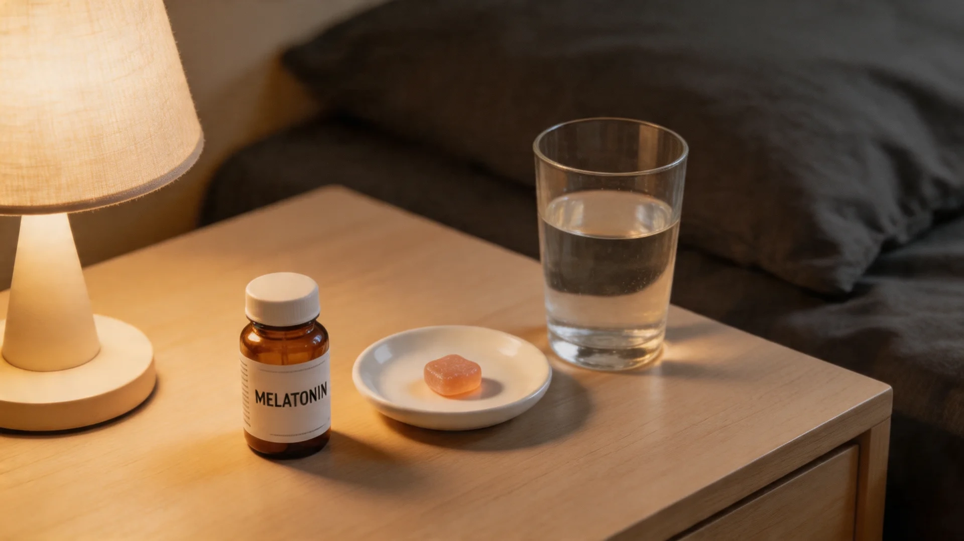 bedside table with lamp, melatonin bottle, gummy supplement, and glass of water, creating calm nighttime routine