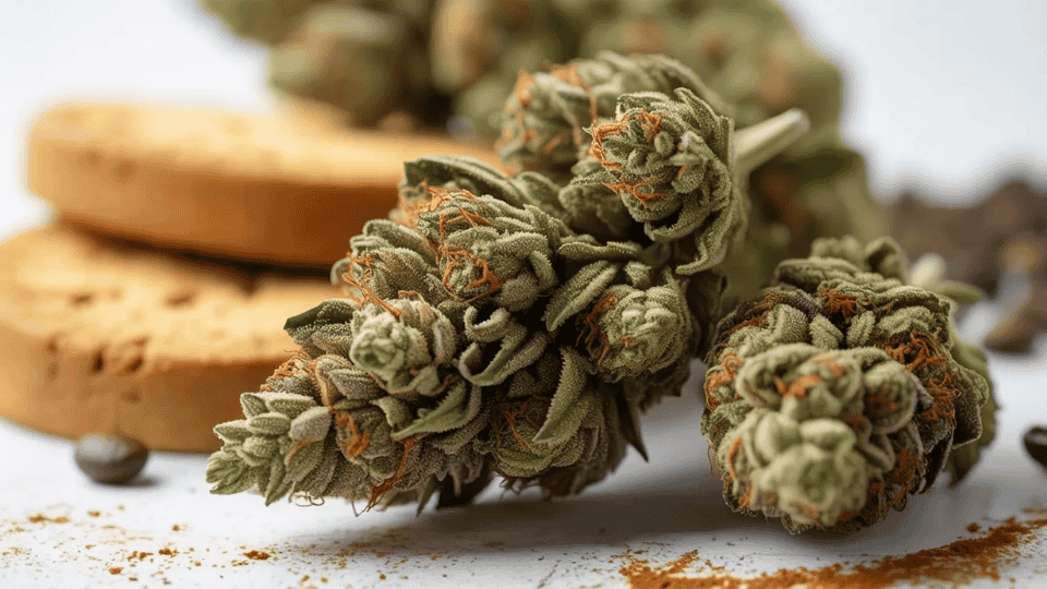 biscotti weed buds with frosty trichomes and cookie coffee elements showing sweet earthy flavor