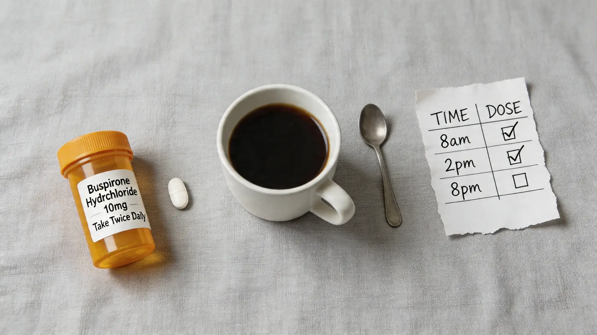 buspirone hydrochloride bottle with a single tablet, black coffee, spoon, and a handwritten dose schedule