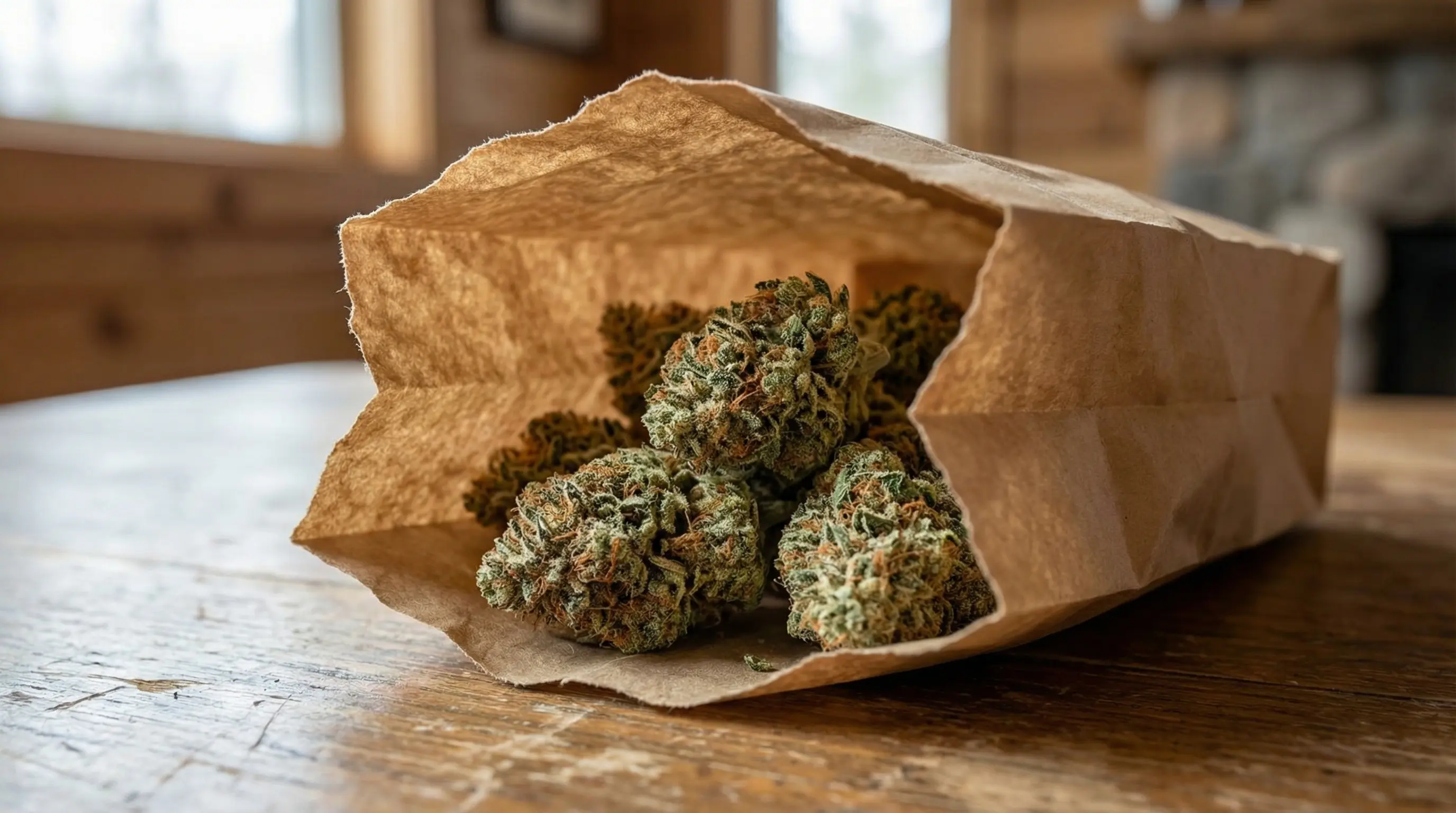 cannabis buds inside paper bag drying slowly in cool dry place