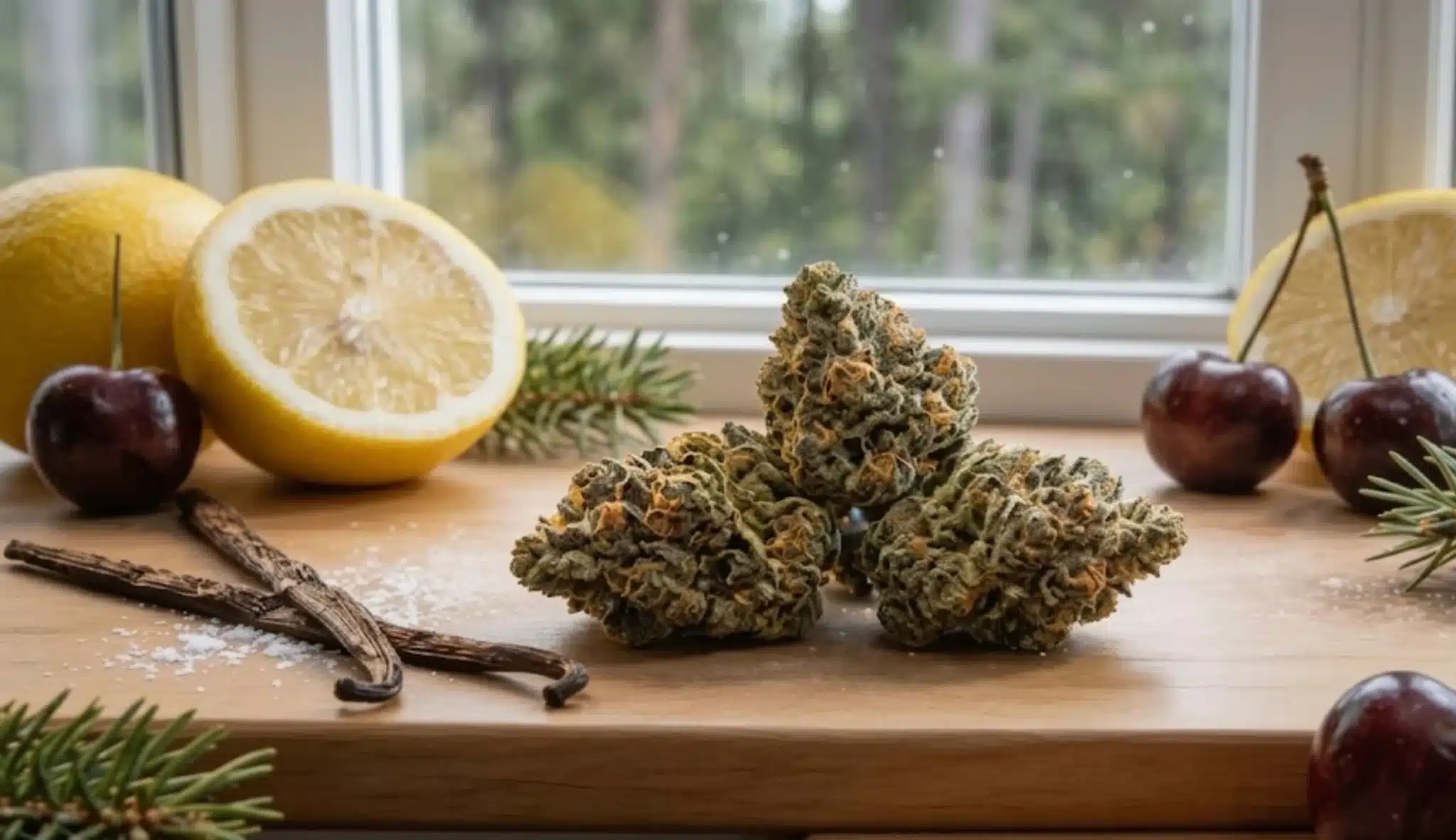 cannabis buds on wooden surface with lemons, cherries, vanilla beans, and herbs near a window, showing natural light