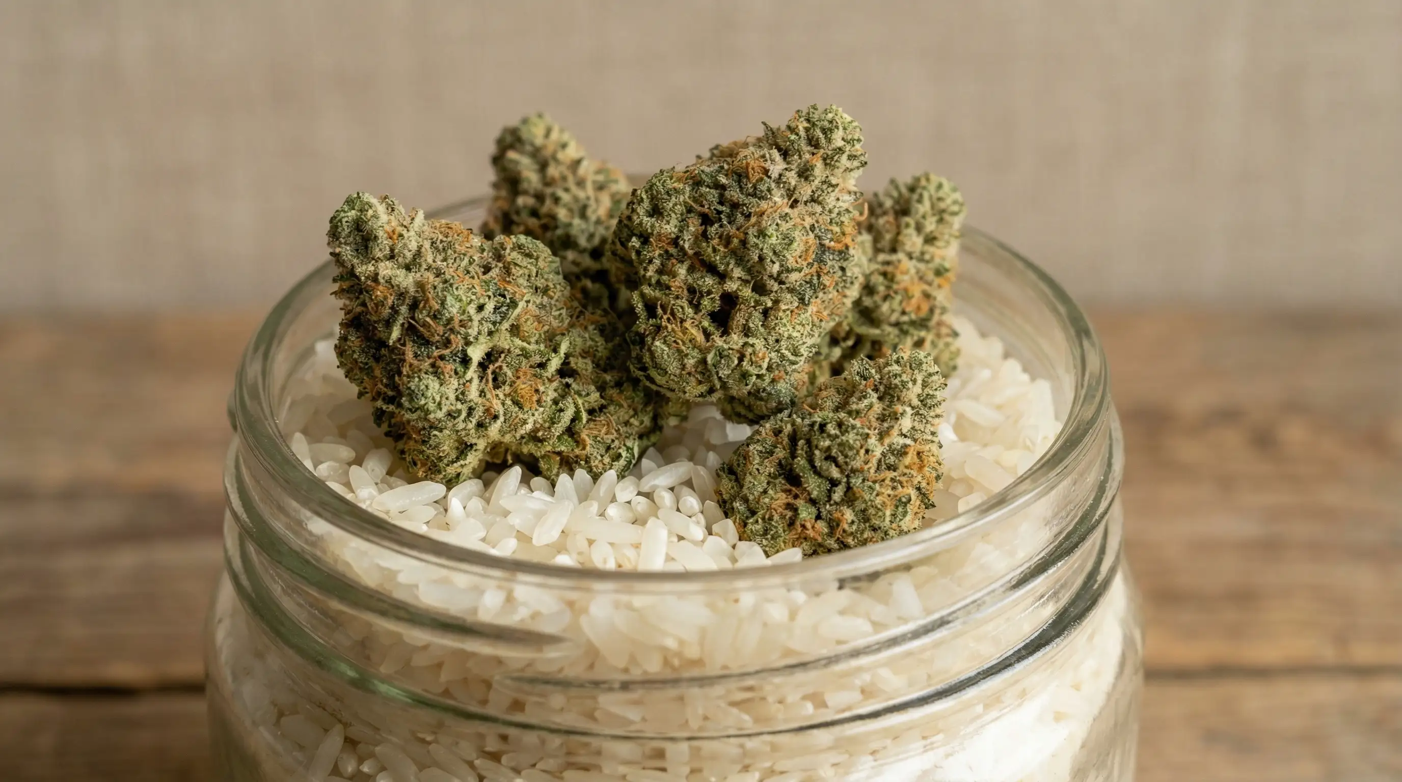 cannabis buds placed with dry rice in container to absorb moisture