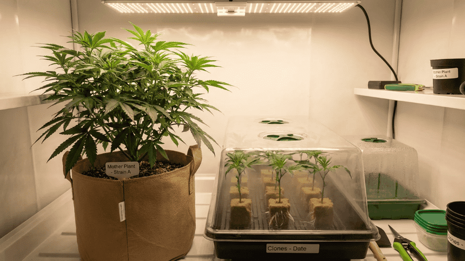 cannabis clones from mother plant in cloning tray to speed up harvest cycles and improve efficiency