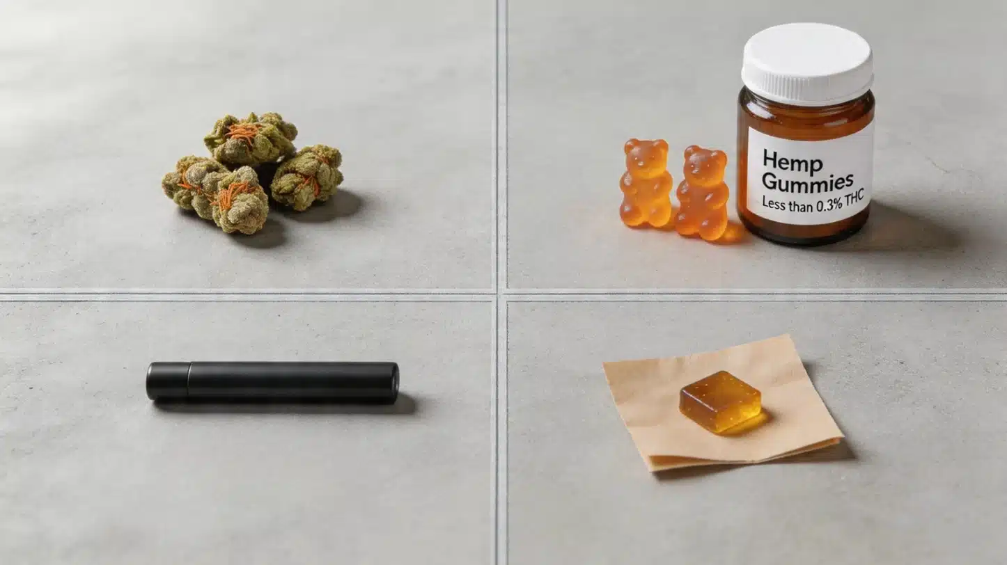 cannabis consumption formats, weed buds, hemp gummies jar, a vape pen, and a single amber edible on parchment paper