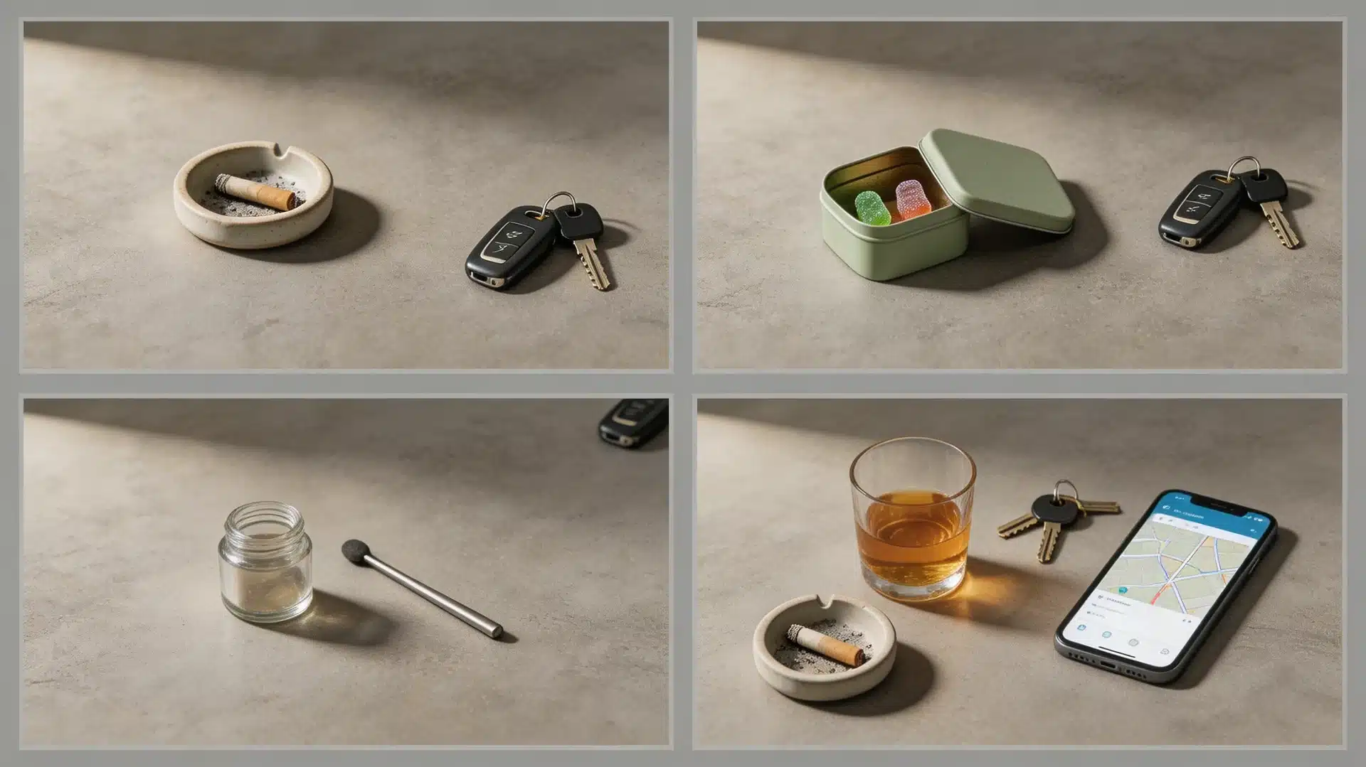 cannabis consumption methods alongside car keys, joints, edibles, concentrate, and alcohol representing driving risks