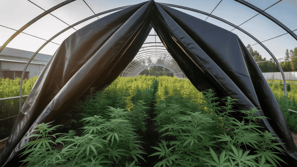 cannabis greenhouse with blackout tarp covering plants during evening light deprivation setup