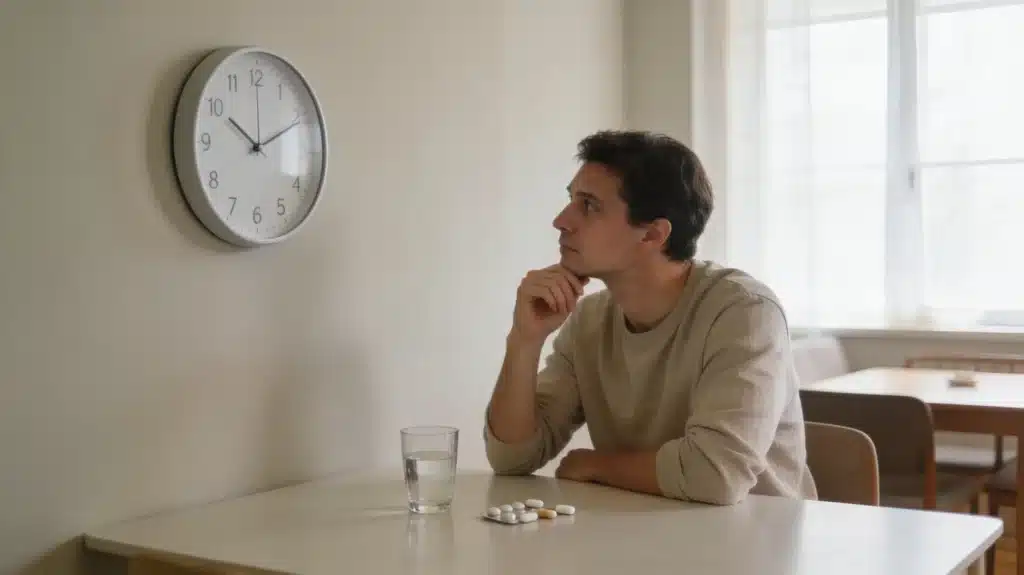 casually dressed person in neutral, comfortable clothing, exhibiting a thoughtful and mindful expression