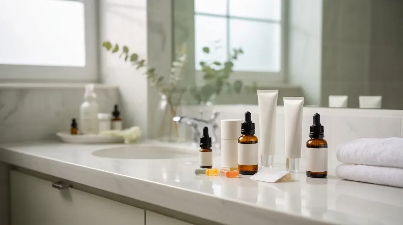 cbd products, including oils, topicals, and gummies, displayed neatly on a bathroom counter, reflecting wellness and intimacy. (1)