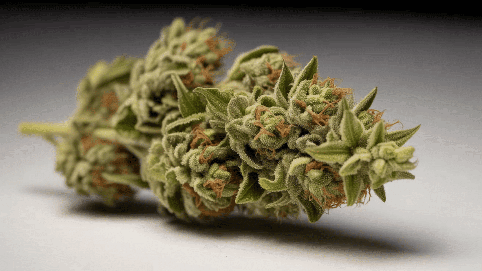 close-up of sativa-dominant hybrid cannabis buds with visible trichomes on a white background