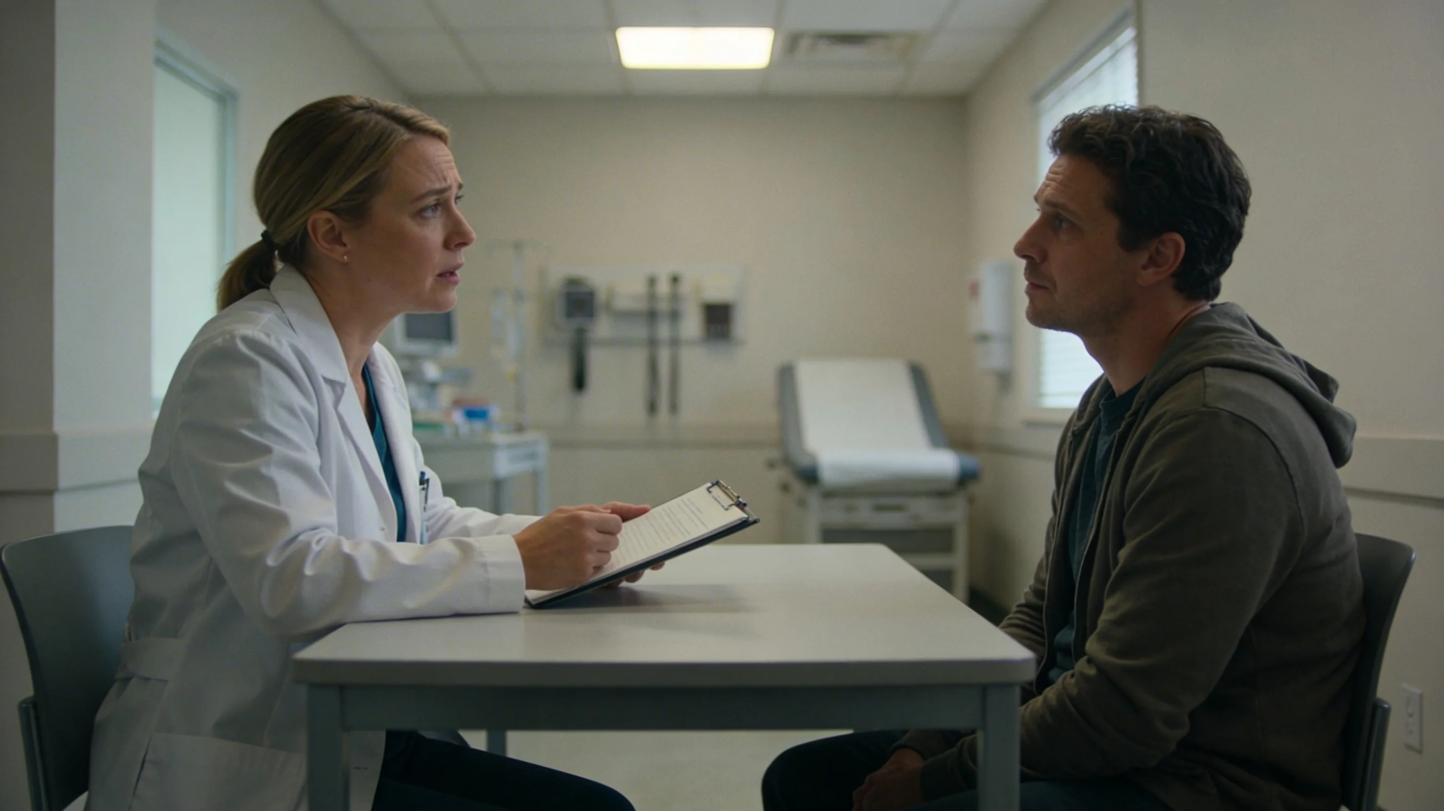 doctor and patient sitting in a clinic room having a real conversation about symptoms and treatment options.