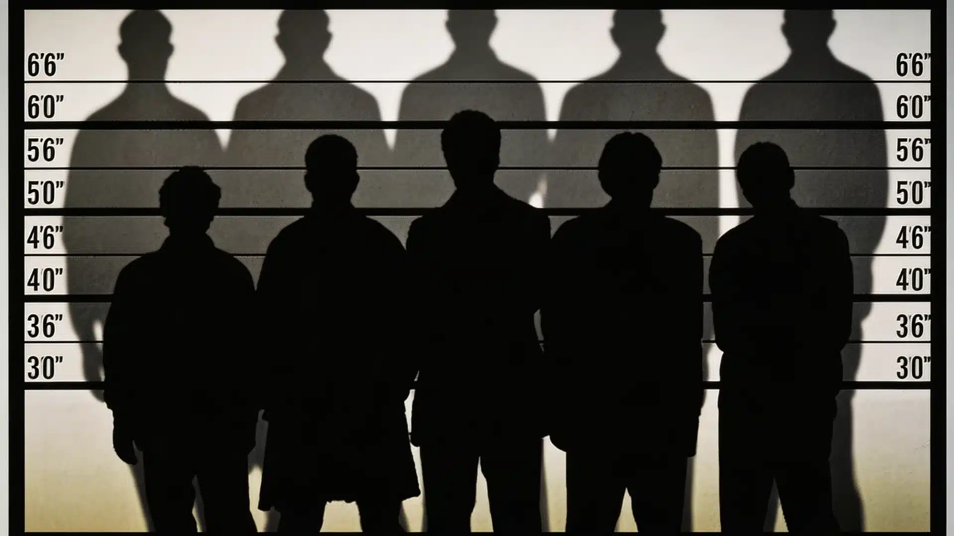 five anonymous silhouettes standing in a police lineup against a height chart wall, charged in the case