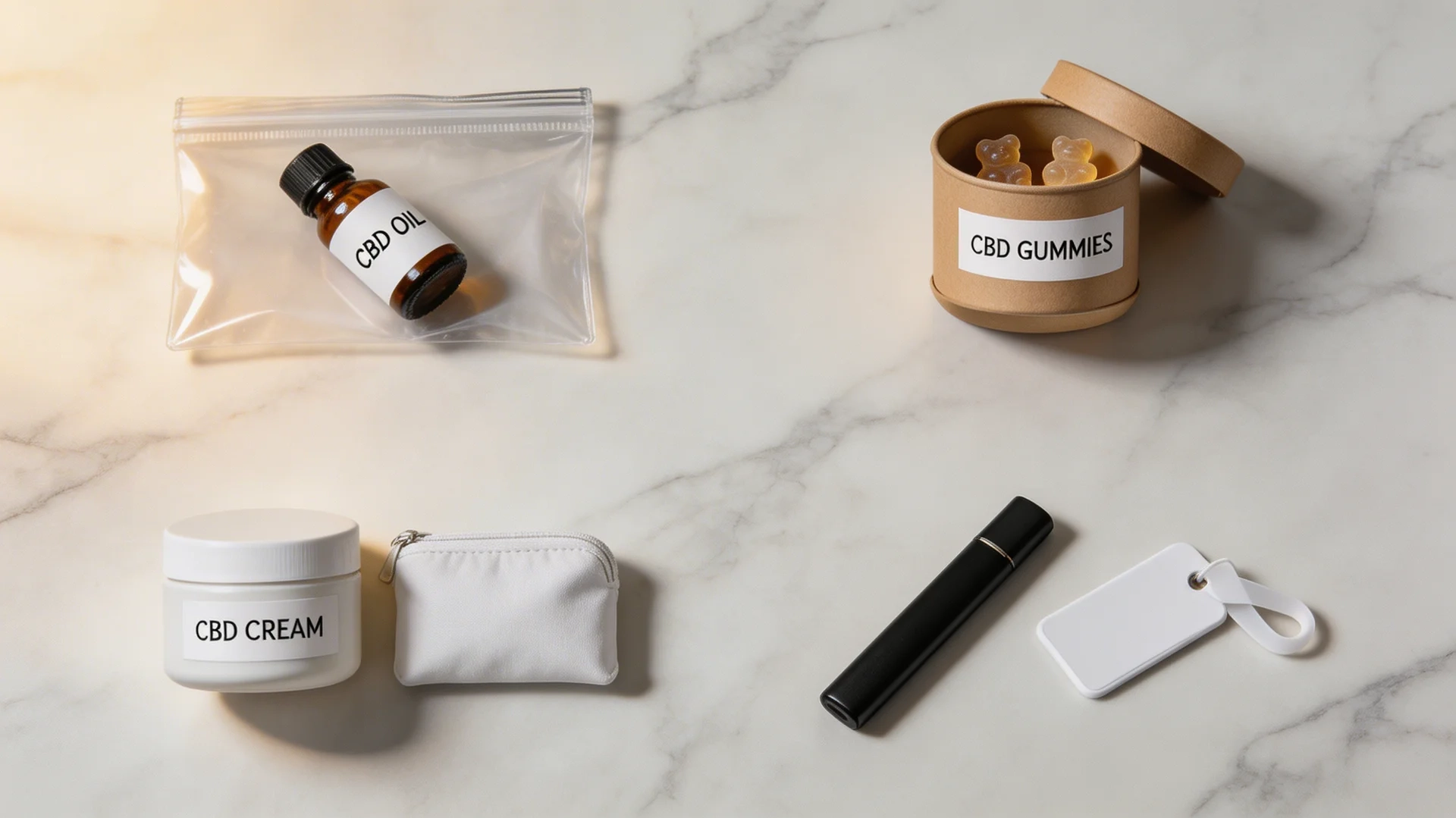 flat lay of cbd products on a marble surface including cbd oil, cbd gummies, cbd cream, a vape pen, and a small pouch