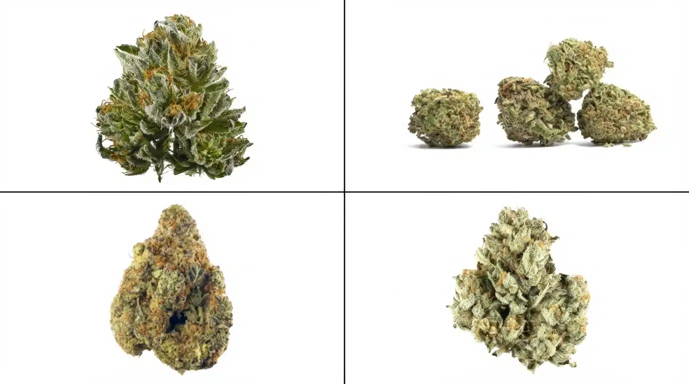 four cannabis buds with dense green nugs, frosty trichomes, and orange hairs, shown in different shapes and sizes