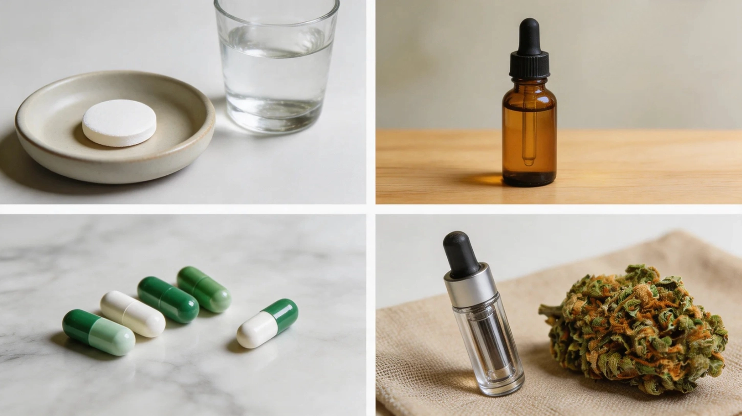 four-panel image showing a tablet with water, an amber tincture bottle, capsules, and a cannabis bud with a dropper vial