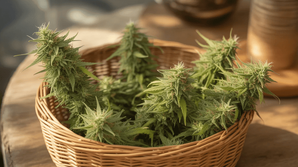 fresh sativa-dominant hybrid cannabis buds collected in a wicker basket on a wooden table in warm light