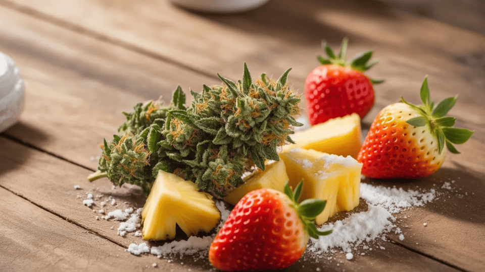 fruity cannabis strains for daytime use, strawberry pineapple and cannabis buds on a wooden surface