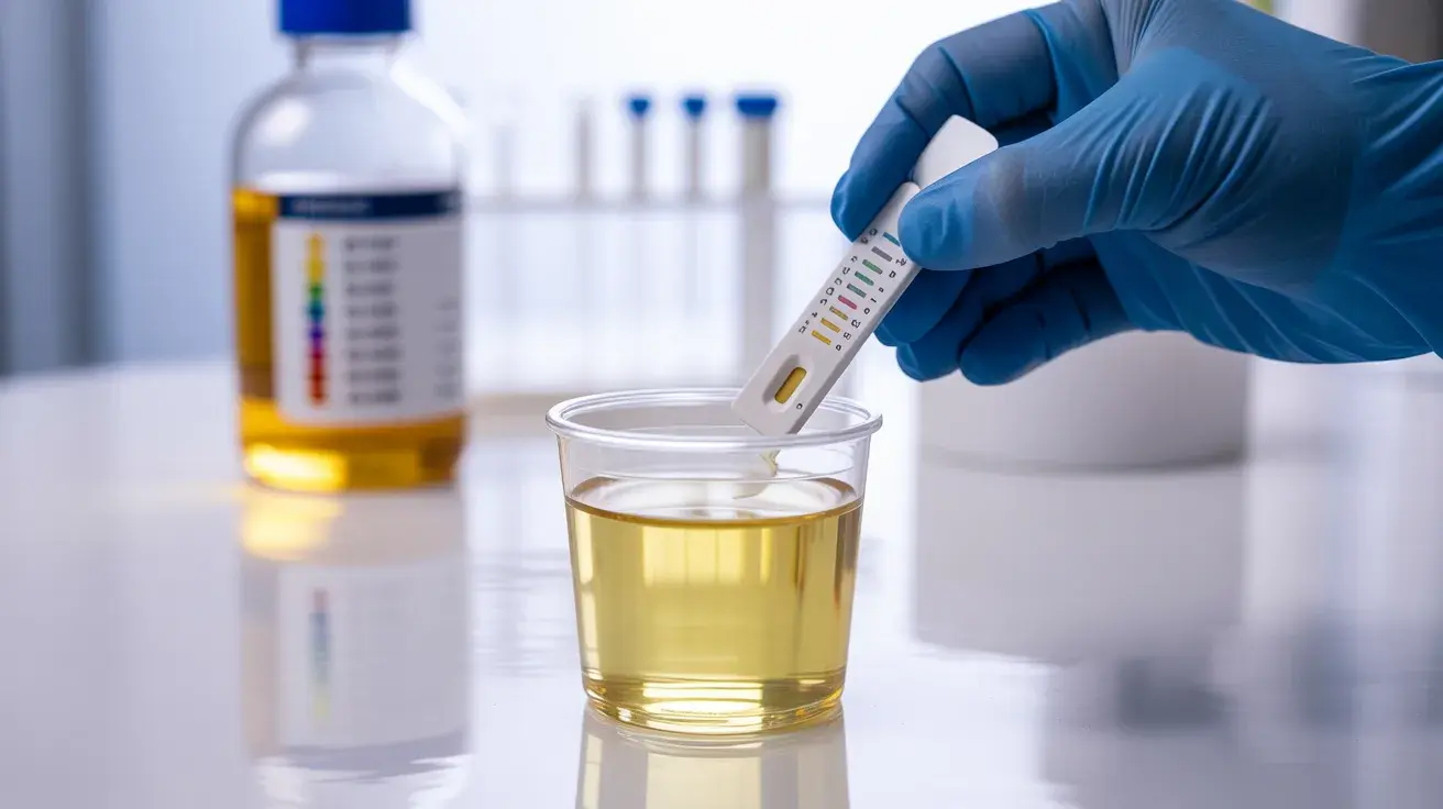 gloved hands holding a urine test strip over a sample cup, with color chart bottle in background on clean surface (1)