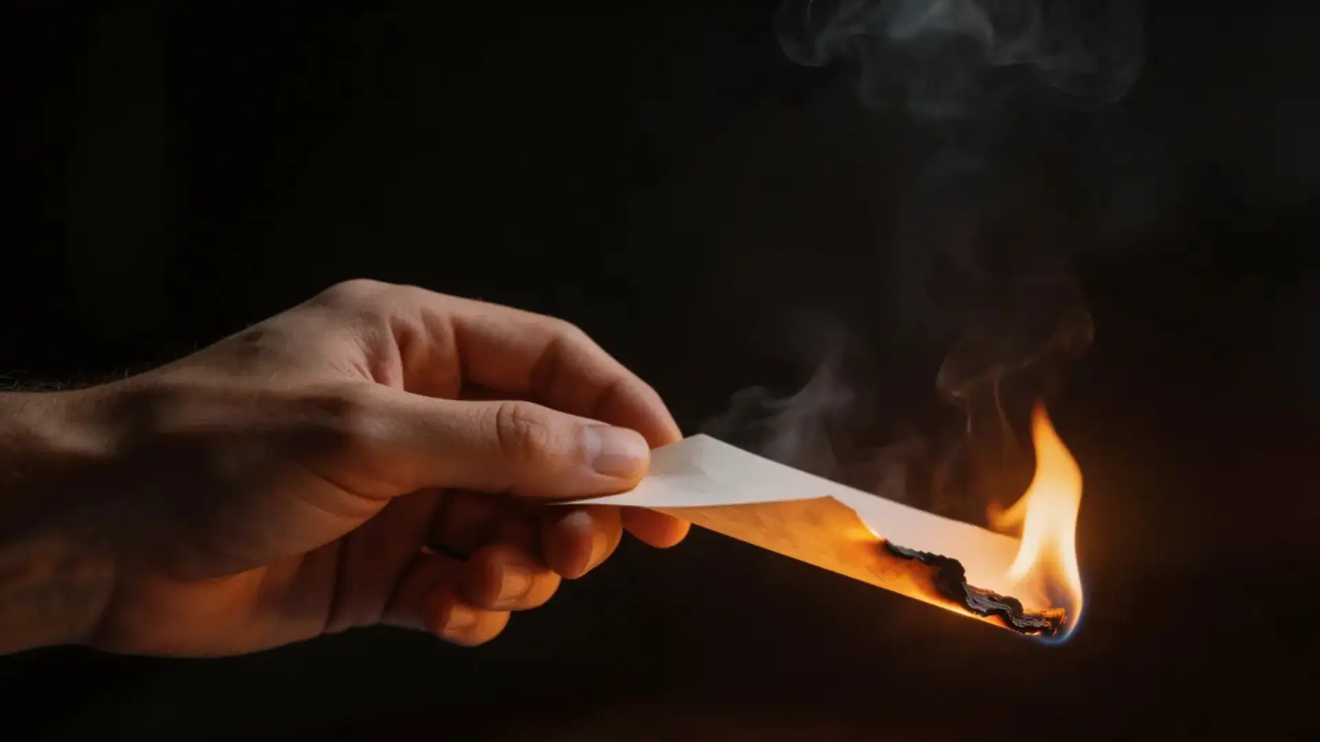 Hand holding burning paper with rising smoke forming lungs shape, illustrating health risks and lung damage from inhaling paper smoke