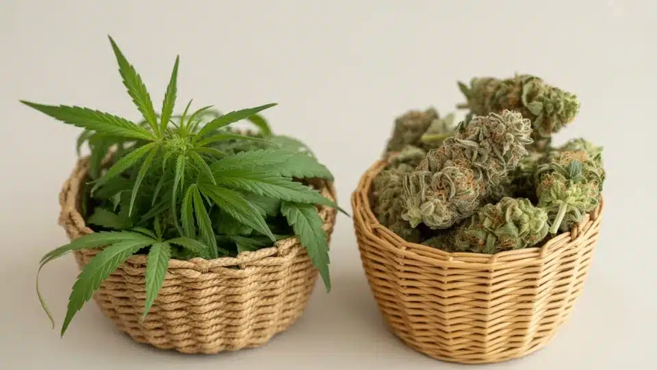 hemp cannabis leaves in a bowl beside dried marijuana buds on a tray showing plant and product comparison clearly