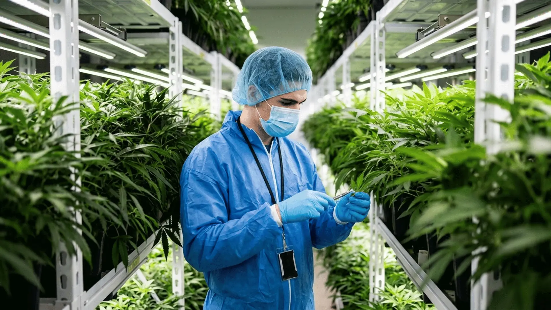 high quality picture of a guy taking care of the plants indoor wearing a blue doctor kit
