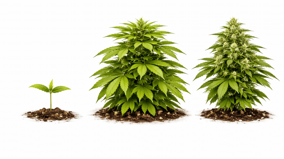 hree stages of cannabis growth from seedling to flowering shown side by side with light cycle bars beneath each stage