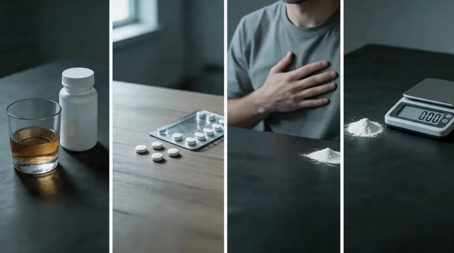 image showing substance misuse risks; alcohol with pills, loose tablets, a man clutching his chest, and white powder