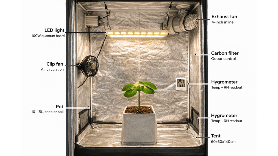 indoor grow tent with led light fan carbon filter hygrometer and small plant in pot with labeled setup